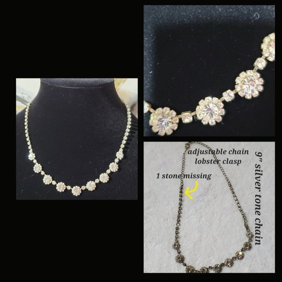 Beautiful Vintage Silver Crystal Stones 9" Floral Delicate Necklace - Picture 1 of 1